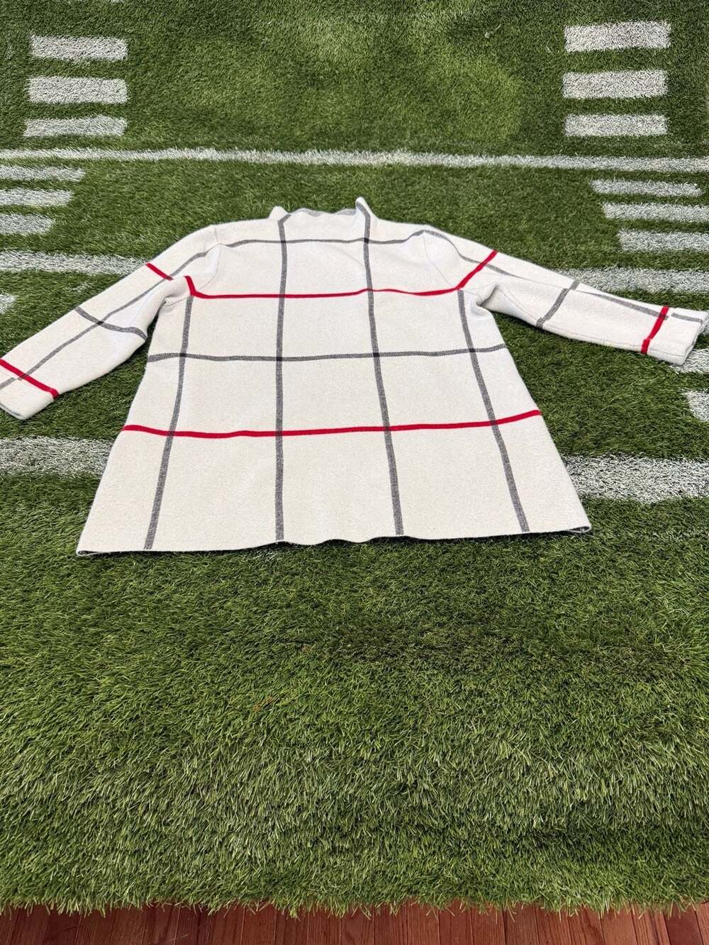 Windowpane Grid Mock Neck Sweater Size L Cream Red Gray
